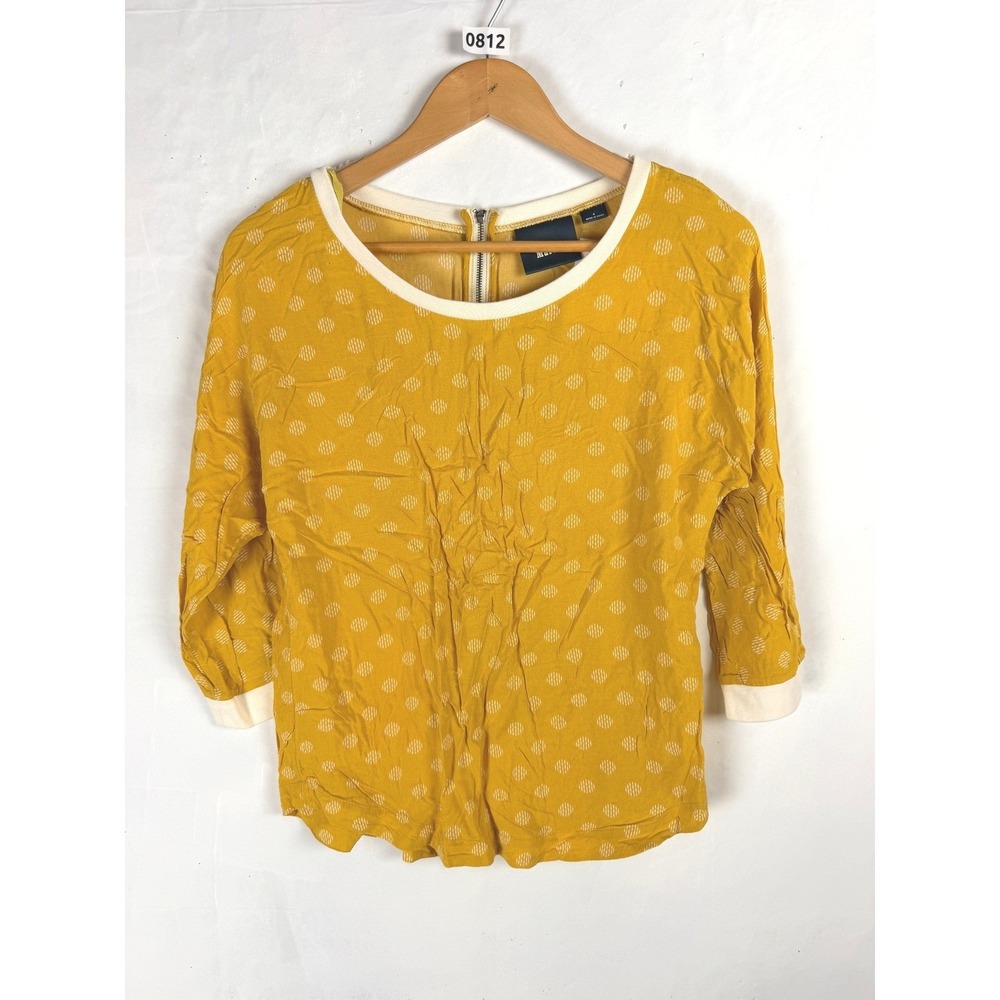 2/$30 Anthropologie Maeve Yellow Polka Dot Back Zip 3/4 Sleeve Blouse Top Size 4
